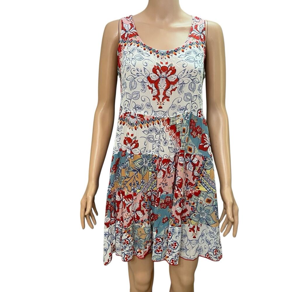 Love Kyla Boho Dress M/L Floral Patchwork Mini Tiered Flowy Colorful Vacation